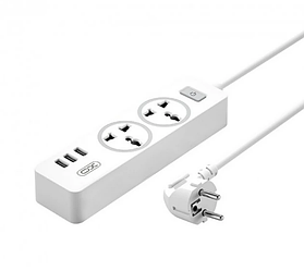Подовжувач мережі XO WL04 2500W / 2 розетки / 3 USB / 1.8М - White
