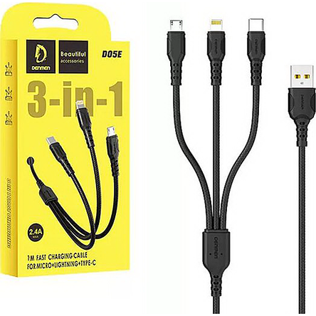 Кабель Denmen D05E 3in1 Micro + Lightning + Type-C Кабель 3 в 1, фото 1