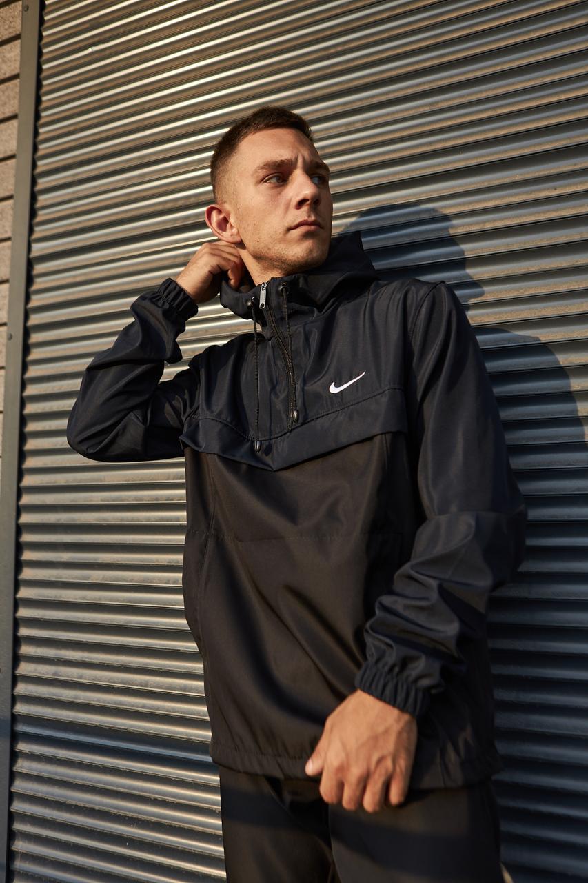 Чоловічий Анорак Nike чорний із синім весняним осіннім ⁇ Чоловіча вітровка Найк чорна демісезонна