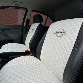 Накидки на сидіння авто з вишивкою логотипу Nissan передній комплект, АЛЬКАНТАРА, пайка