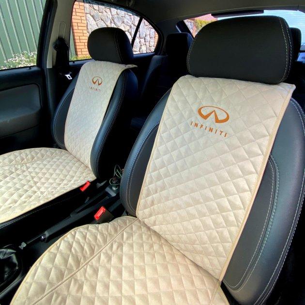Накидки на сидіння авто з вишивкою логотипу Infinity передній комплект, АЛЬКАНТАРА, пайка, фото 1
