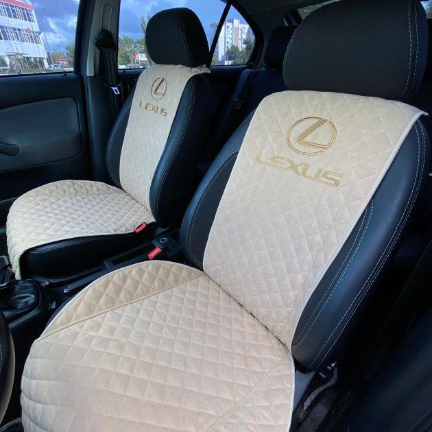 Накидки на сидіння в авто з вишивкою логотипу Lexus (Лексус) передній комплект, АЛЬКАНТАРА, пайка, фото 1