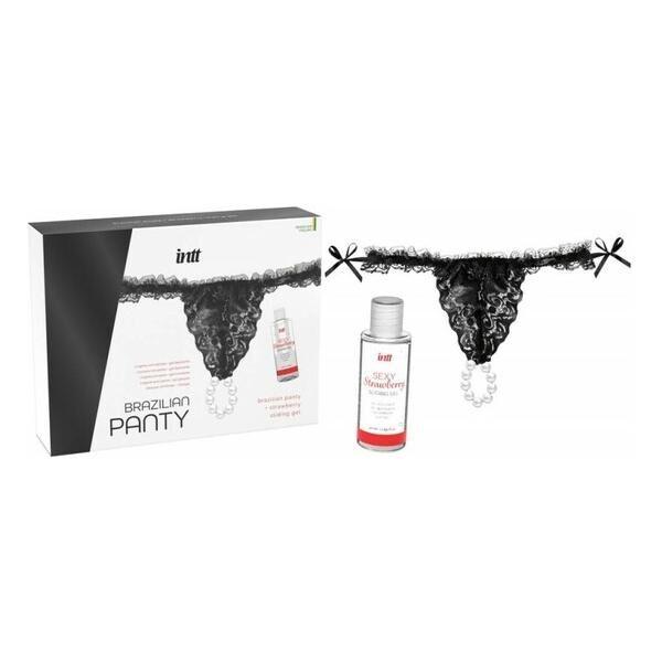 Набір Intt BRAZILIAN PANTY BLACK: трусики на резинці S-XL з перлинним кільцем + полунична змазка 18+