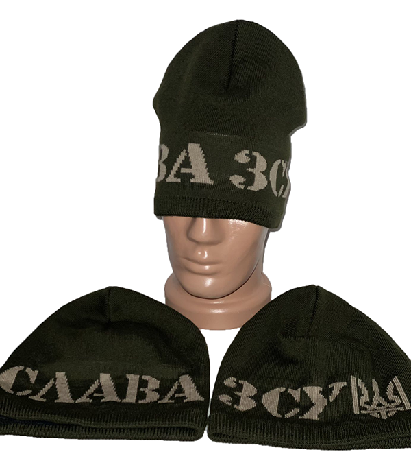 В'язана чоловіча шапка на флісі хакi VK76-4 шерсть+акрил. вир-во Україна.