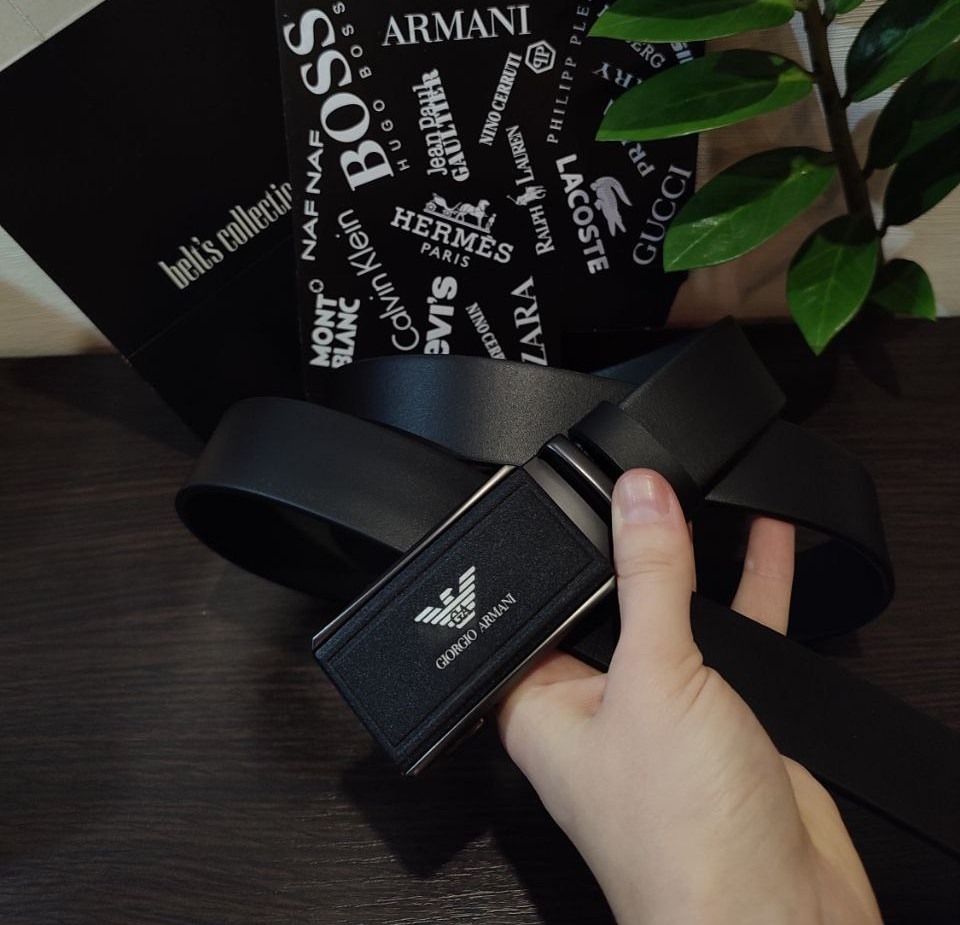 Ремінь шкіряний чоловічий, пряжка автомат, чорний, Giorgio Armani 35 мм. 931347, фото 1