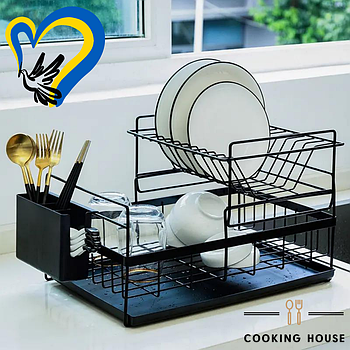 Сушарка для посуду настільна дворівнева чорного кольору з піддоном в Лофт стилі, органайзер для посуду