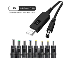 Тригер USB — 5.5×2.1 мм + набір штекерів 8в1 Підвищувальний кабель конвертер (5В-9В/700 мА)