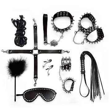 BDSM-набір Art of Sex – Spikes BDSM Set Leather, 10 предметів, чорний, натуральна шкіра Bomba💣