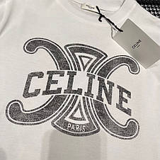 Жіноча чоловіча текстильна біла футболка Celine Paris з чорним логотипом Селін, фото 4