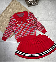 Детский тёплый вязаный костюм для девочки: кофта и юбка, красный