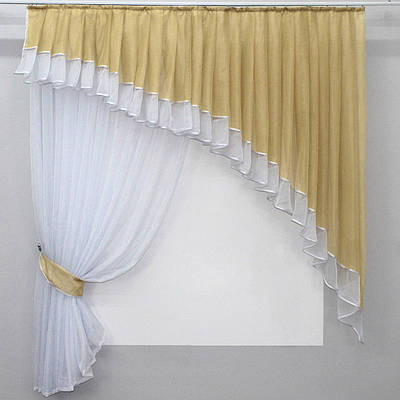 Кухонний комплект (150х170см.), шторка з ламбрекеном. Колір темно-бежевий з білим. Код 062к 50-795