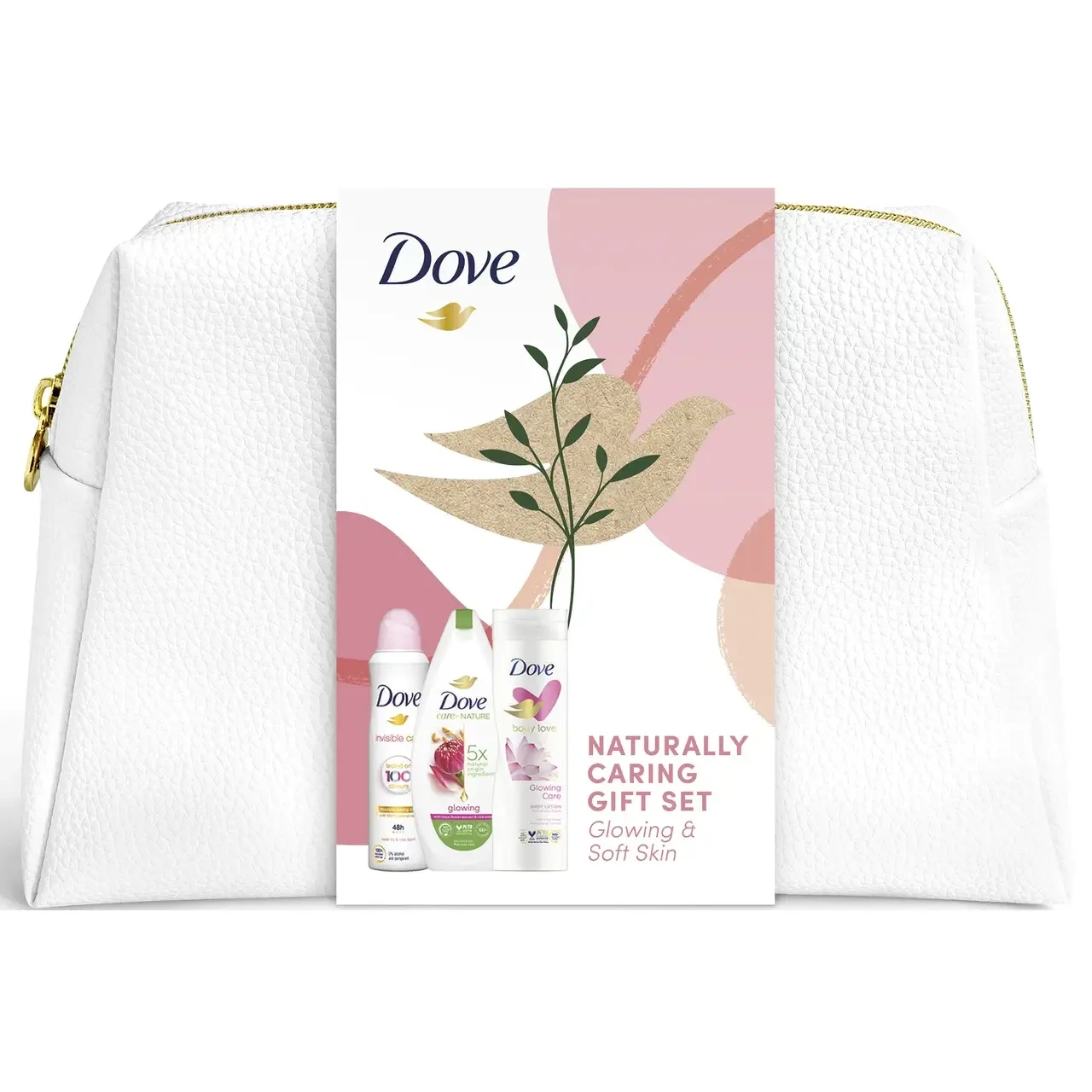 Подарунковий набір Dove Naturally Glowing: косметичка, лосьйон для тіла, 250 мл+спрей-антиперспірант, 150 мл+гель, фото 1