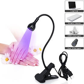 Лампа UV для сушіння гель лаку, гелевих типс з USB-роз'ємом (настільна, гнучка, з прищіпкою), 5 Вт. Чорний