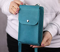 Кожаная женская сумочка клатч для телефона/ Сумка кошелек через плечо из натуральной кожи/ Бирюзовый