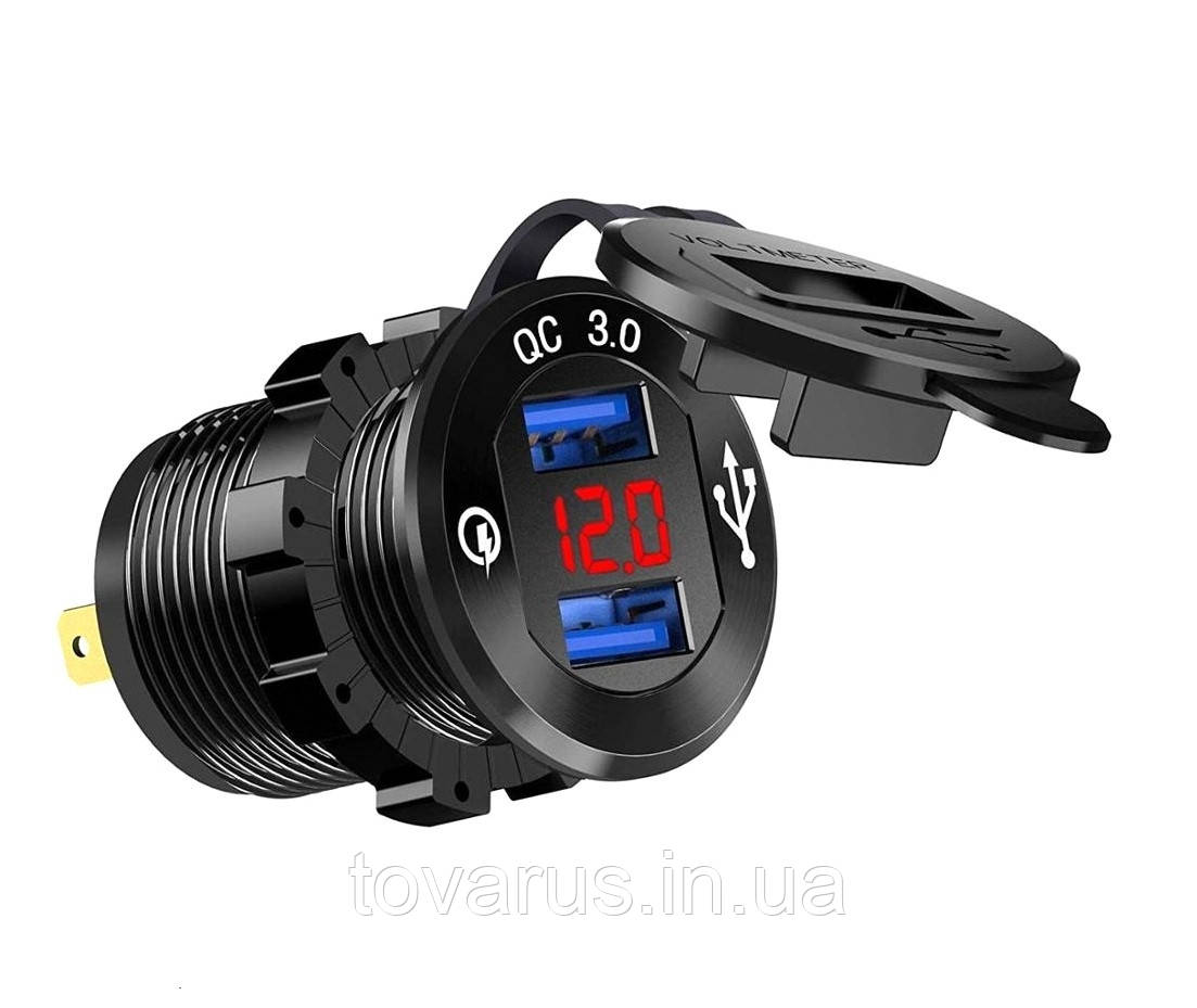Металева зарядка USB Quick Charge 3.0 з вольтметром, фото 1