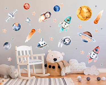 Стікери дитячі самоклеючі Космос 4 аркуші 35 х 47 см 54 наліпки в наборі БК-Космос