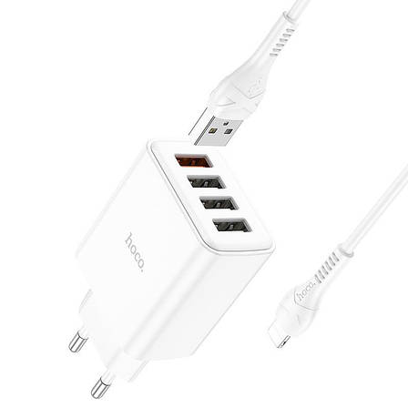 Зарядний пристрій (зарядка) для телефону Hoco C102A Fuerza 4хUSB + кабель Lightning Білий (C102A), фото 1