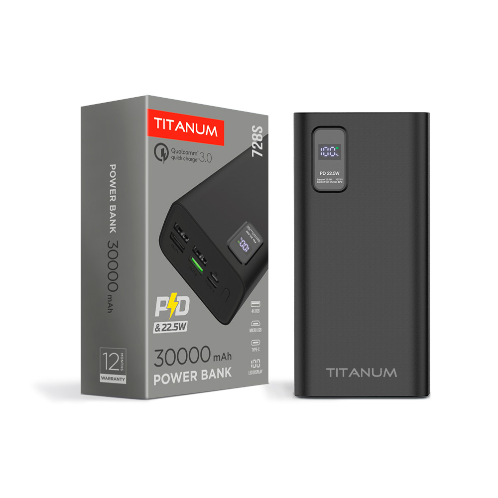 Портативний зарядний пристрій (повербанк) TITANUM 728S 30000 mAh 22.5W Black TPB-728S-B