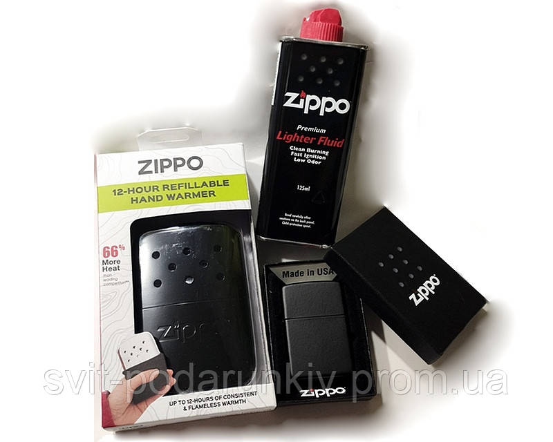 Подарунковий набір Zippo: чорна каталітична грілка, запальничка Zippo 218 та оригінальне паливо