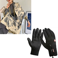 Набор шарф и сенсорные перчатки женские зимние Winds Stopper HKXY черный