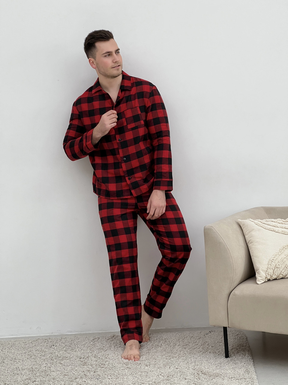 Піжама для чоловіків COSY з фланелі (штани+сорочка) клітина червон/чорний