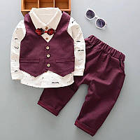 Нарядный бордовый костюм тройка для мальчика с рубашкой, брюками, жилеткой на 1-3 год, размер 80,90,100,110