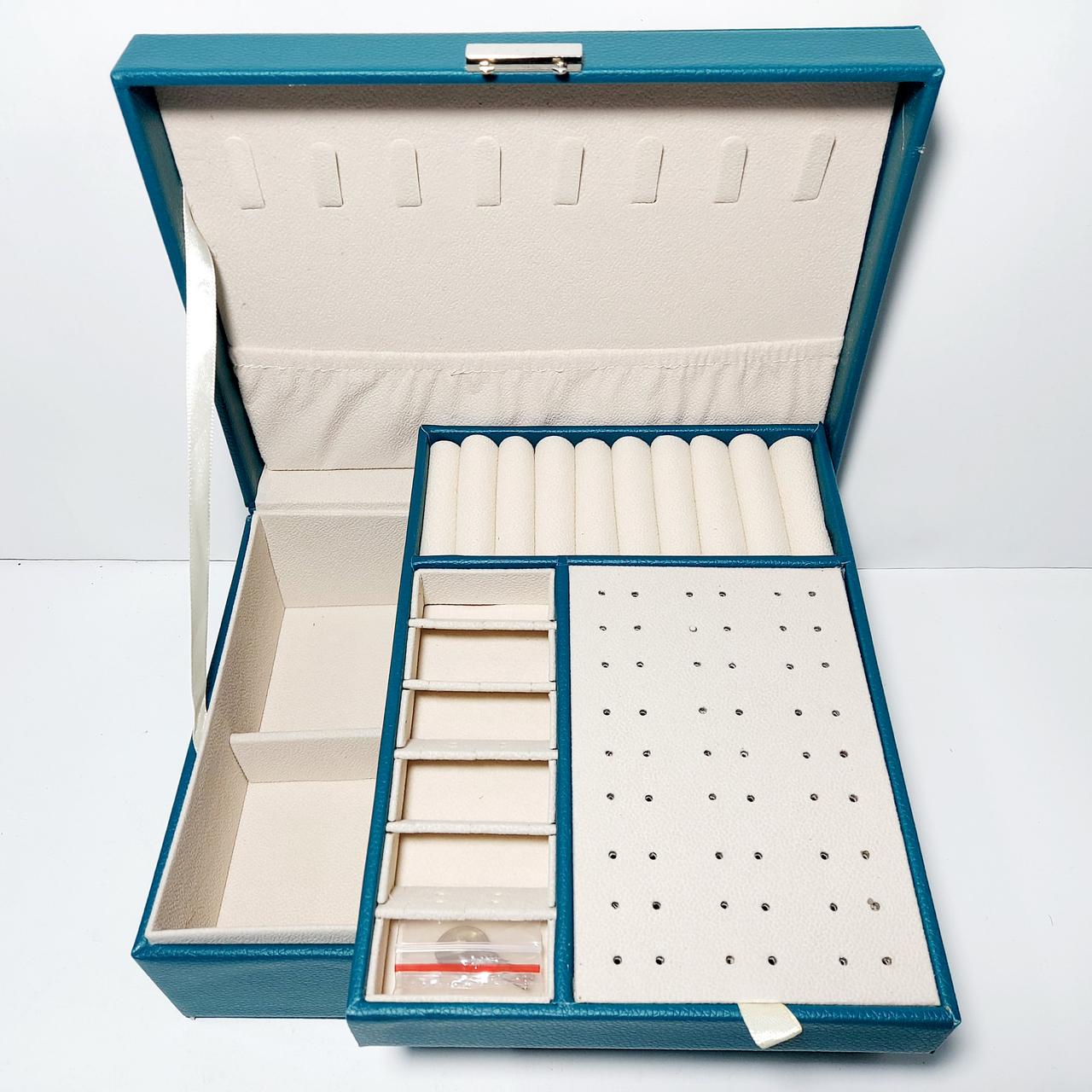 Скринька для прикрас шкірозамінник синя з комірками, фото 1