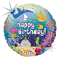 Фольгированный шарик Grabo 18" (46 см) Круг Happy Birthday "Океан: рыба, акула"