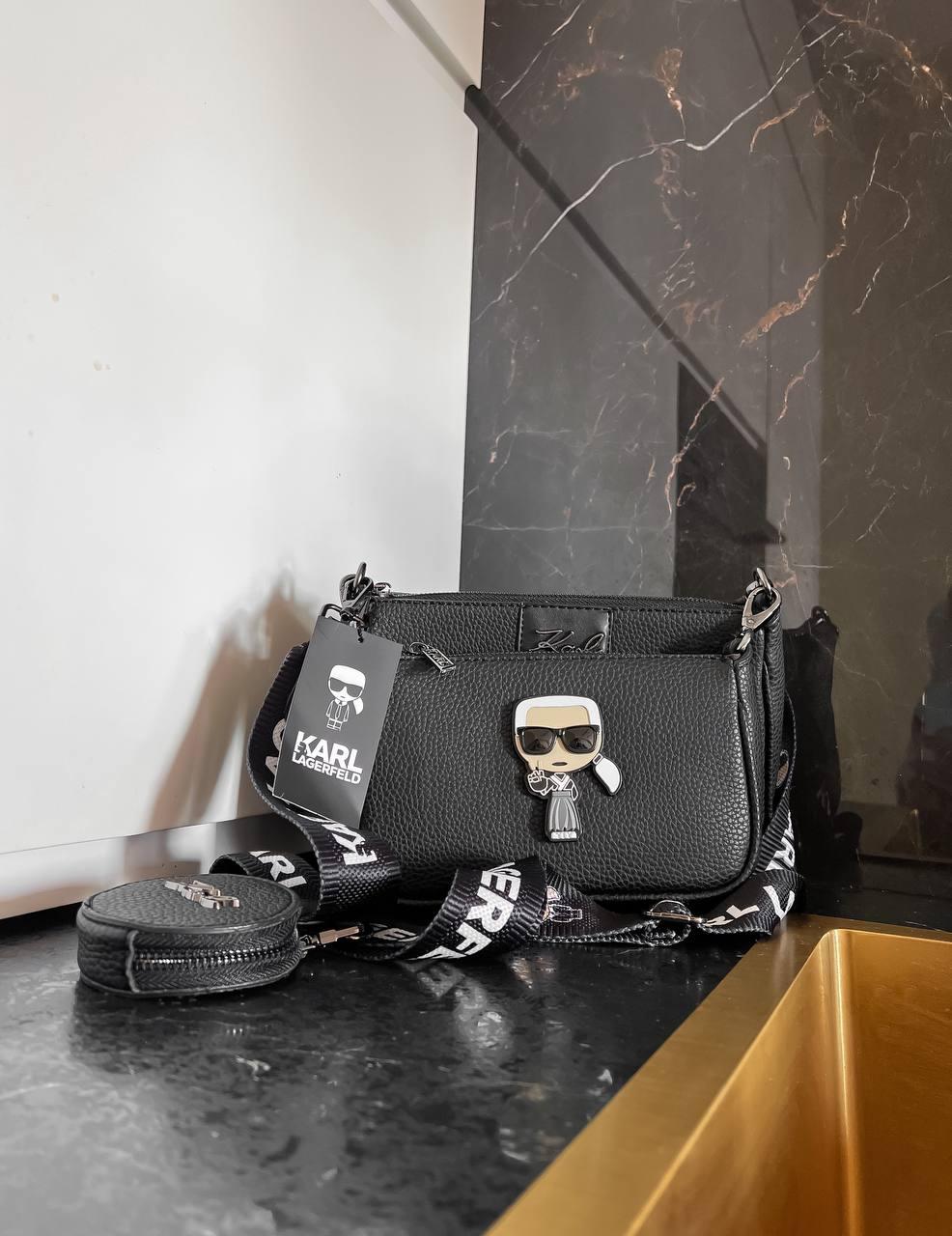 Жіноча сумка 3 в одній Karl Lagerfeld black (чорна) S14 стильний набір міні сумочок із чоловічком в окулярах. топ