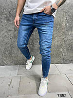 Мужские джинсы зауженные базовые (голубые) А7852 классные узкие штаны без потертостей топ