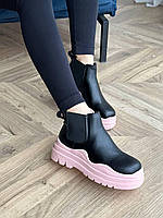 Женские ботинки Bottega Veneta Mini Pink No logo (чёрные с розовым) модные челси на платформе VB008 топ