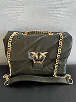 Женская подарочная сумка Pinko Puff Khaki / Gold (хаки) Gi14105 модная красивая стильная с птичками экокожа