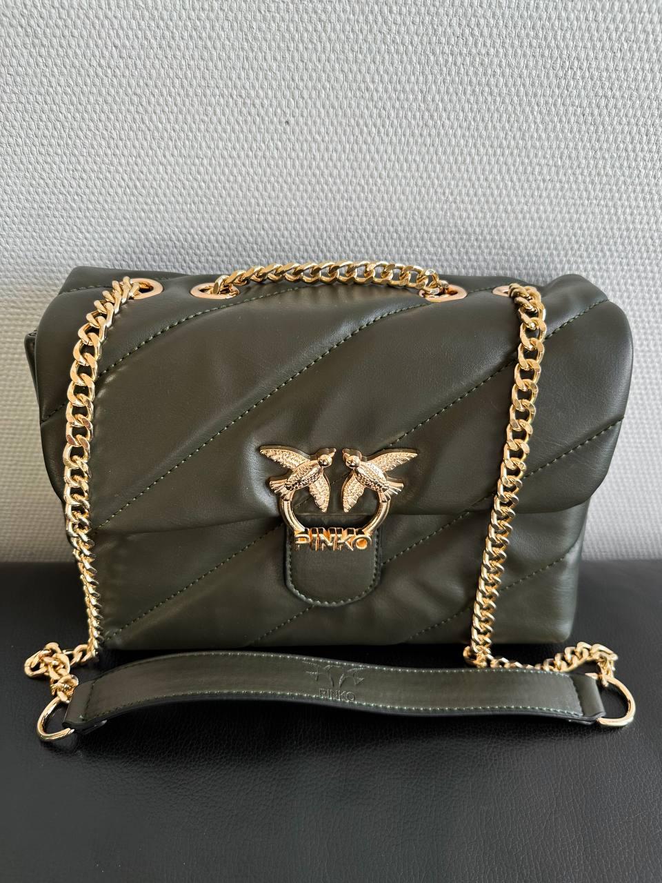 Жіноча подарункова сумка Pinko Puff Khaki / Gold (хакі) Gi14105 модна красива стильна з пташками екошкіра топ