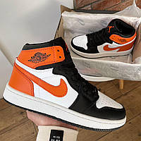 Женские кроссовки Nike Air Jordan Retro 1 Black Orange (оранжевые с чёрным и белым) высокие деми кеды 0465v