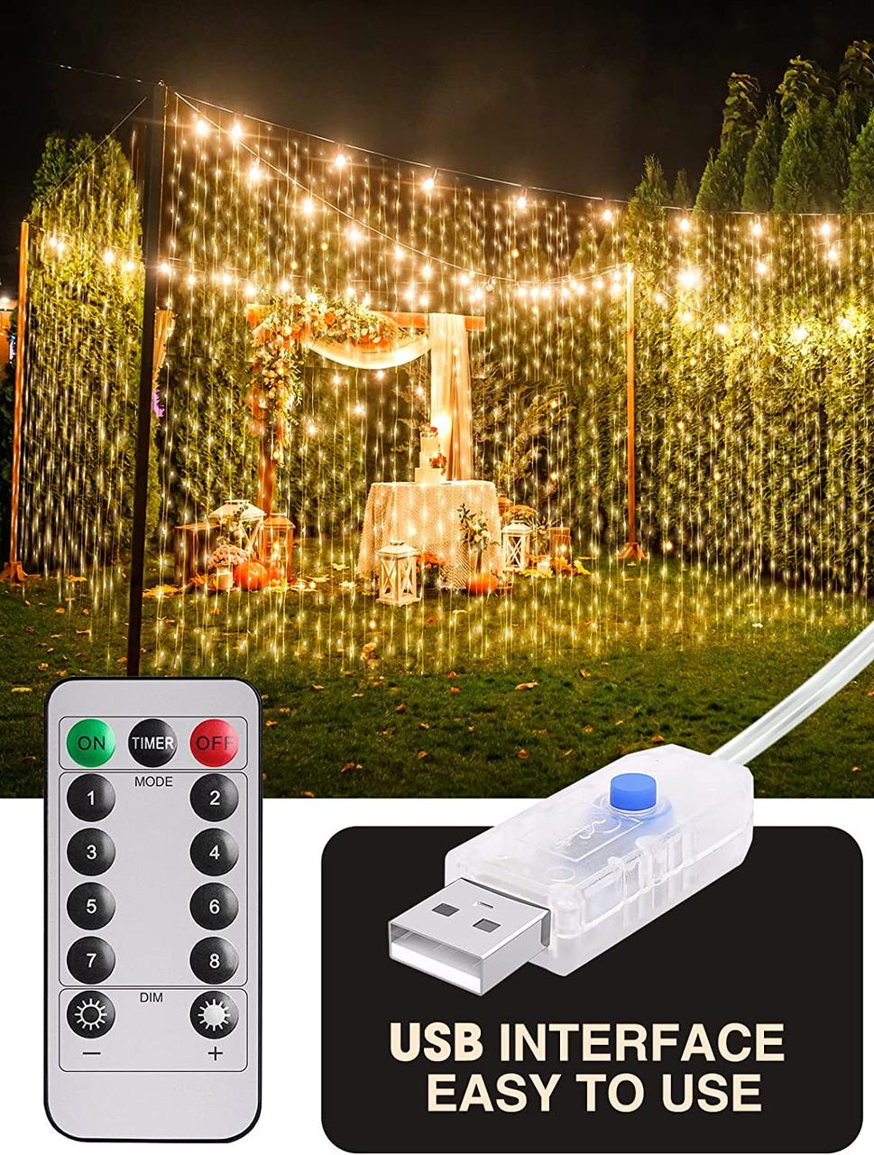 Світлодіодна гірлянда штора завіса "Роза" 3*3метри 300 LED USB WW теплий білий