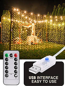 Світлодіодна гірлянда штора завіса "Роза" 3*3метри 300 LED USB WW теплий білий