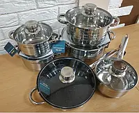 Набор кухонной посуды RB-601 для всех видов плит из 12 предметов с стеклянными крышками