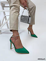 Жіночі туфлі , босоножки на шпильці зі стразами зелений колір матеріал текстиль