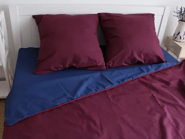 Двоспальний комплект 180х220 Двостороння постільна білизна (17046) Ранфорс бавовна Однотонний бордовий-синій, фото 1