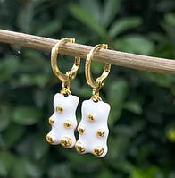 Дитячі сережки у вигляді мультяшного ведмедя, білі з золотом, розмір 1,6*1см, смола