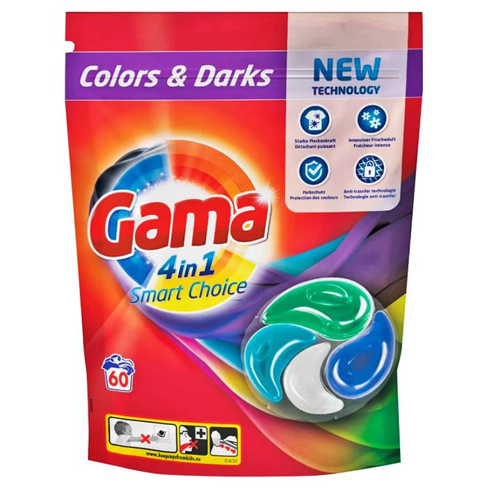 Капсули для прання Gama 4в1 Colors and Black 60 шт рідкий порошок автомат для кольорових та чорних тканин