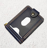 Кожаний затискач для купюр синій на кнопці, затиск для грошей з застібкою-кнопкою, тонкий чоловічий гаманець