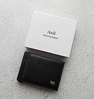Мужской кожаный зажим для купюр Anil черный c дополнительной визитницей, черный зажим для банкнот из кожи