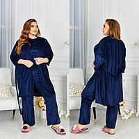 Женский велюровый синий домашний комплект из штанов, халата и футболки батал