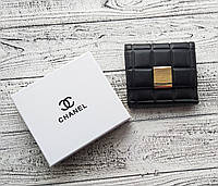 Маленький черный женский кошелёк C.H.A.N.E.L. из кожи, с золотистой фурнитурой, стильный брендовый кошелек
