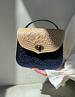 Шкіряна жіноча сумка Розмай з ручкою слонова кістка з синім