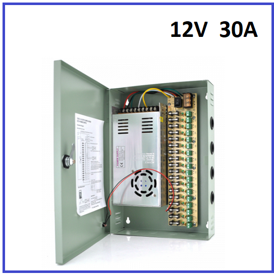 Імпульсний блок живлення 12V-30A/18CH у боксі із замком перфорований, 18-ти канальний