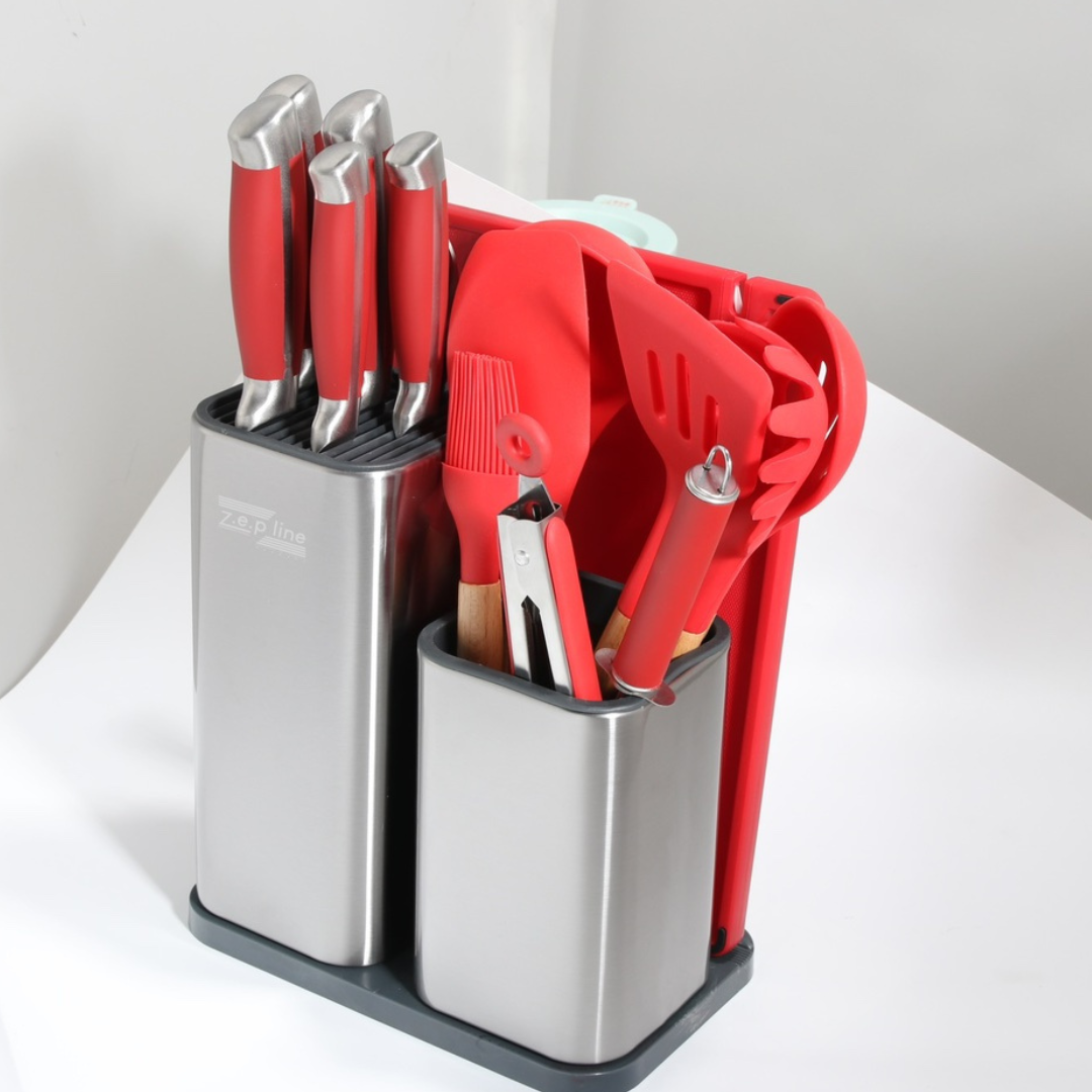 Набор ножей + кухонный набор принадлежностей и разделочная доска 17 предметов Zepline ZP-047 красный - фото 2 - id-p1754342028
