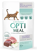 OptiMeal консервированный пауч, корм для кошек с эффектом выведения шерсти , с уткой и кусками печени 85 г