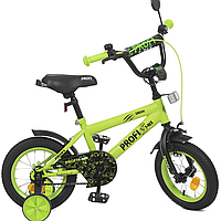 Велосипед детский 12 дюймов PROF1 зеленый двухколесный с дополнительными колесами Y1271